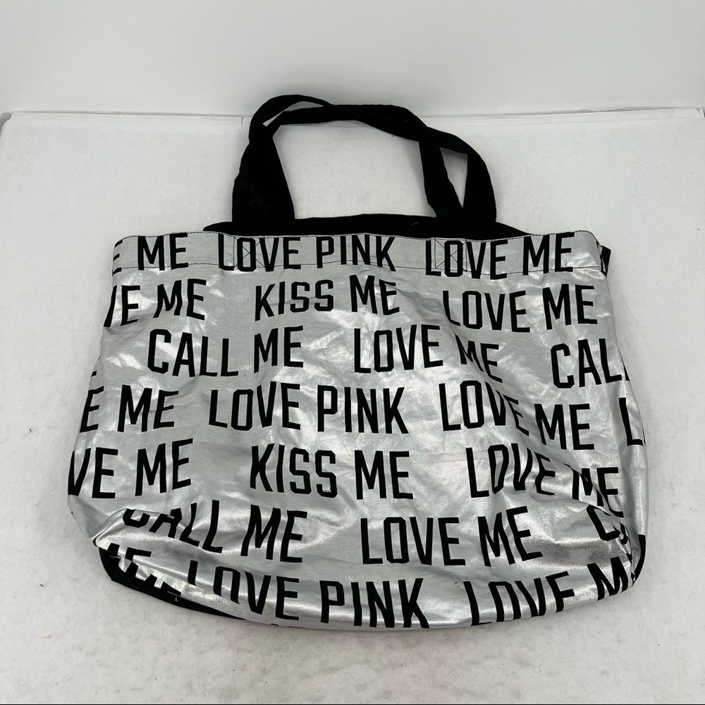 PINK by Victoria’s Secret Silver Metallic and Black Canvas Bag